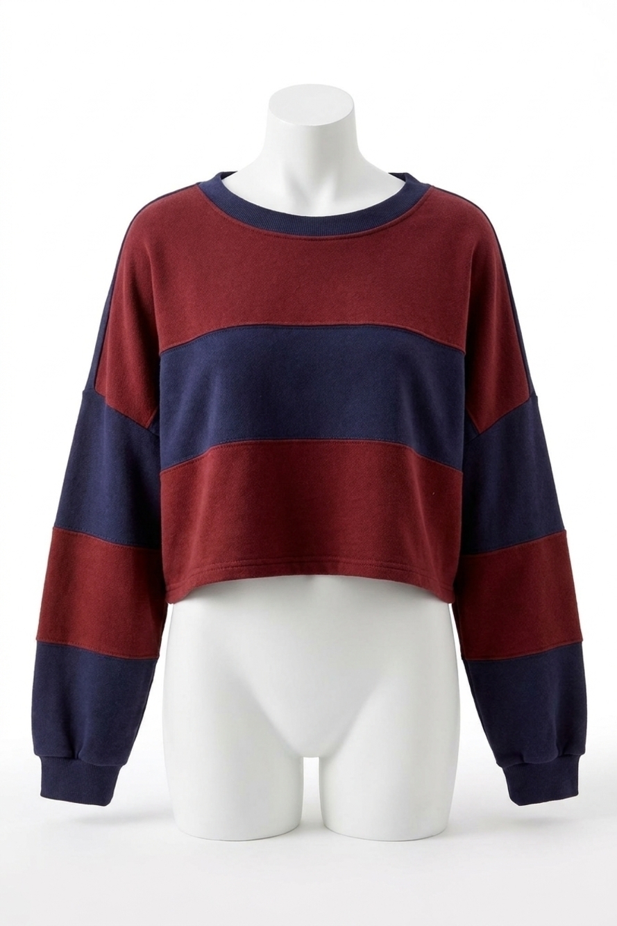 NEW BY TOGETHER the sidelines cropped pullover top in navy-burgundy